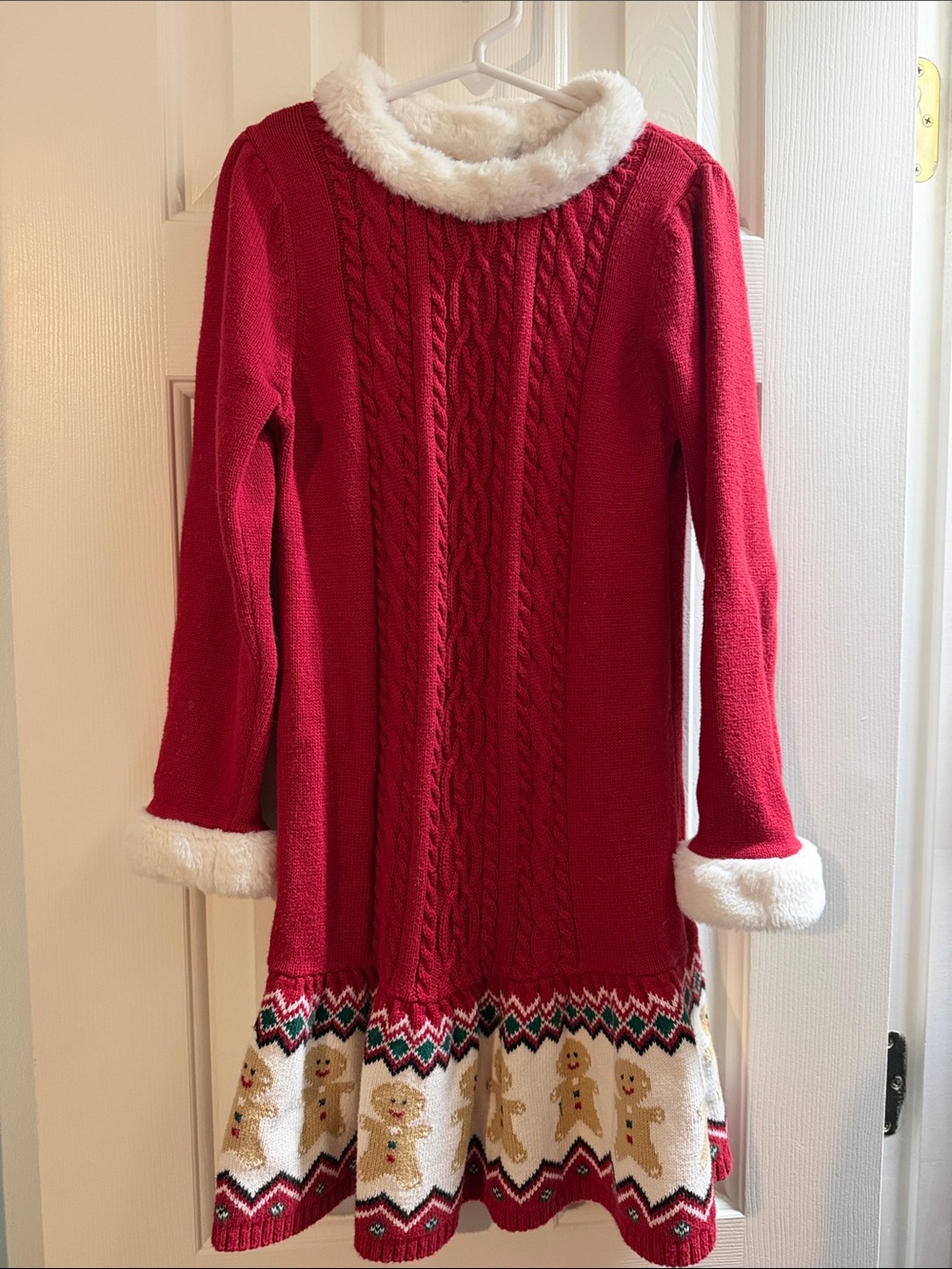 Gymboree Red Cable-Knit Dress with White Faux-Fur Trim and Gingerbread Border
